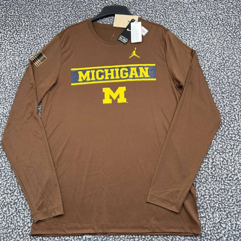 Air Jordan Michigan Wolverines Dri-Fit Shirt Men Brown Large Long Sleeve New L